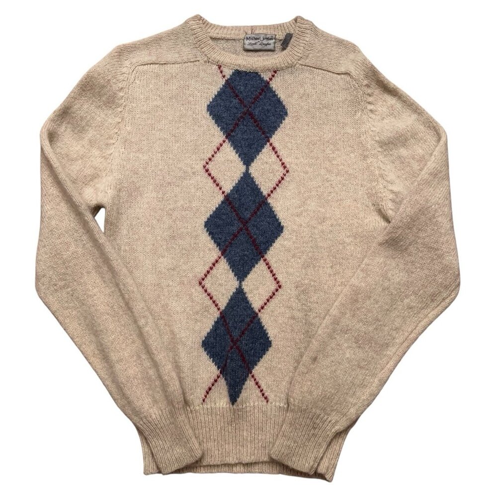 Michael Jordan by Lowell Dreyfus Sweater Mens XL (Fits M) Argyle Wool Beige VTG